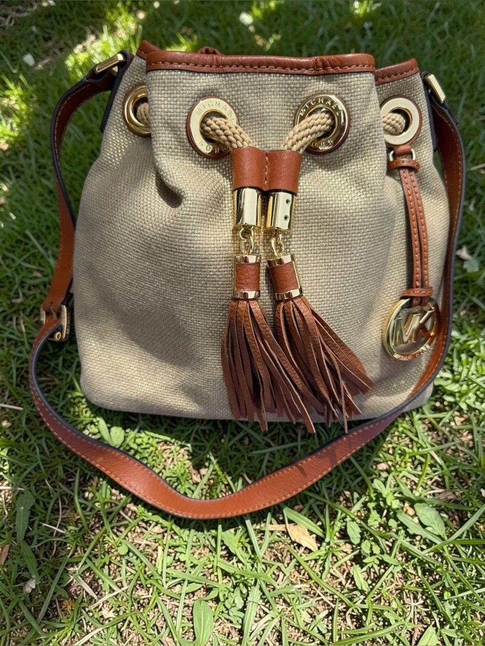 Michael Kors Marina Canvas Drawstring Bucket Bag, Brown Leather - Picture 1 of 9